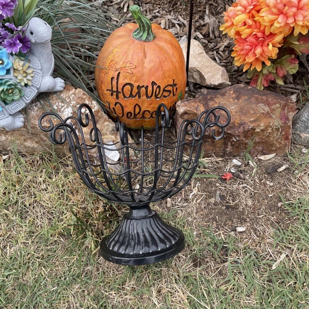 Ornate Wrought Iron Centerpiece Pedestal Basket In Black - Picture 3 of 4